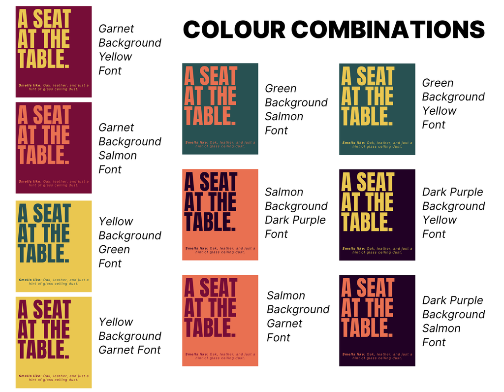 Color combinations for 'A Seat at the Table' with different backgrounds and fonts.