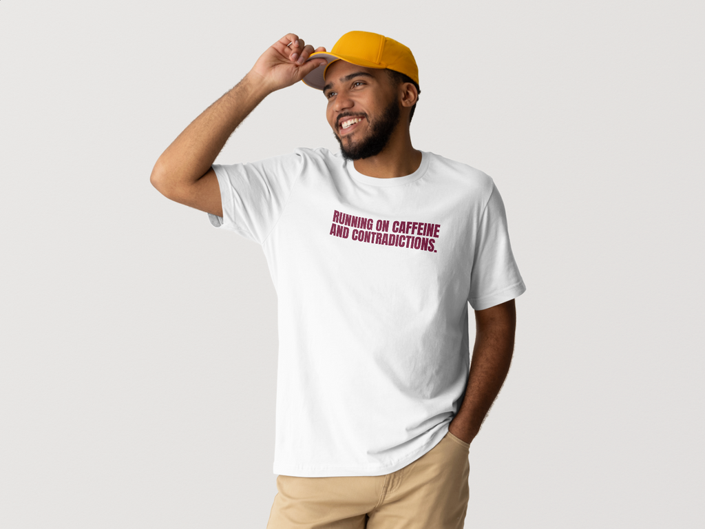 "Running on caffeine and contradictions." Classic Fit Tee